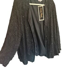 VTG Deadstock Silky Nites NEW Beaded Silk Jacket 3X Blk Sequin Open Front